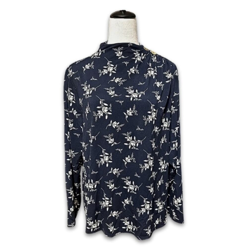 Belldini Blouse Mock Neckline Shoulder Button Floral Blue/Cream Women's 2X NWT